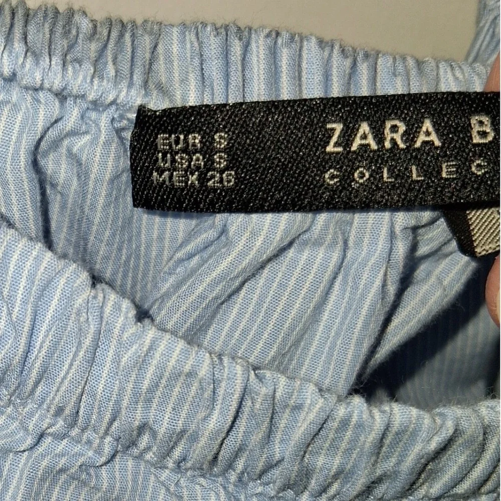 Zara Basic Blue Pinstripe Off Shoulder Embroidered Puff Sleeve Blouse Small
